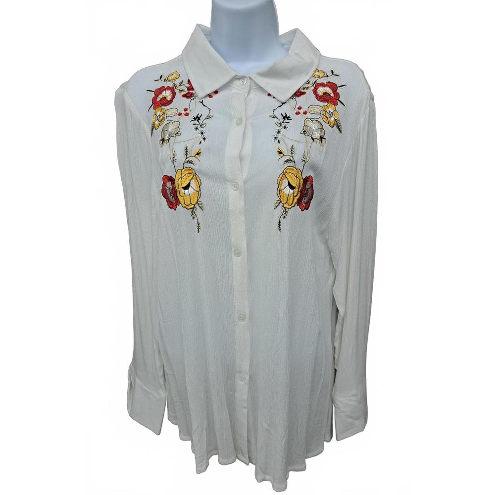 NEW ANGELA PLUS women's embroidered floral blouse in white